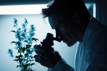 A scientist in a lab coat is analyzing a plant specimen under a microscope with focused concentration.