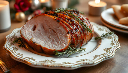 Juicy Christmas baked ham beautifully presented on a vintage heirloom plate, Dreamy. isolated with white highlights