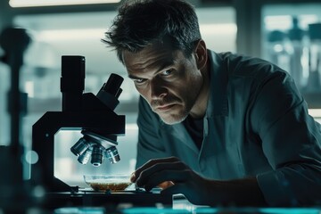 Intense scientist in lab coat examines a sample under microscope, searching for vital insight in dimly lit environment.