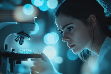 Young woman intensely focuses on a sample under the microscope, illuminated in blue light.