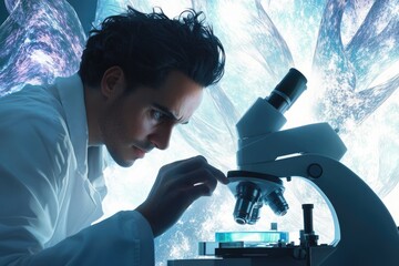 Focused scientist examines a sample under a microscope with an abstract blue and white patterned background.