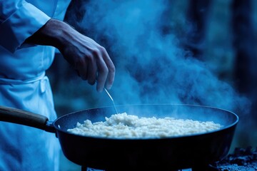 A chef in a white coat cooking risotto in a pan, steam rising in a hazy blue ambience.