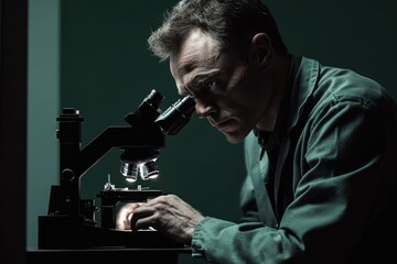 Focused researcher examining a specimen under a microscope in a dimly lit laboratory setting, exhibiting scientific rigor.