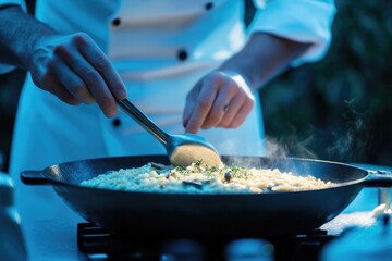 Chef preparing risotto in a pan, stirring with a spoon, steam rising in a blue light ambiance.