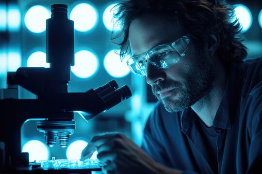 A scientist in a blue lit lab carefully examines samples under a microscope, possibly conducting medical research.
