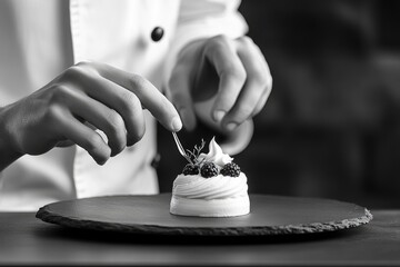 A chef is carefully decorating a dessert with tweezers in a black and white and elegant atmosphere.