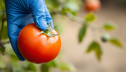 "A gloved latex hand clutching a plump, juicy tomato", close-up. isolated with white highlights