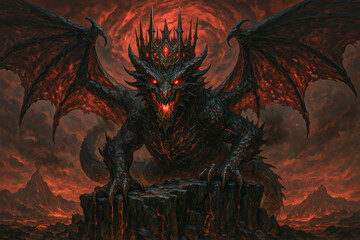 Crowned Demon Dragon with Glowing Eyes Perched on Cliff in Fiery Hellscape