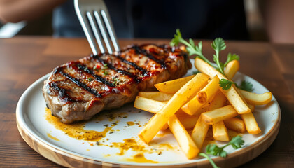 Juicy steak paired with golden crispy potatoes on a rustic wooden table, mindfulness theme. isolated with white highlights