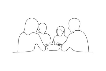 Family gathering around table simple line art illustration