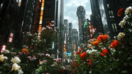 Urban Garden Amidst Skyscrapers in a Futuristic City with Neon Lights and Vibrant Flowers