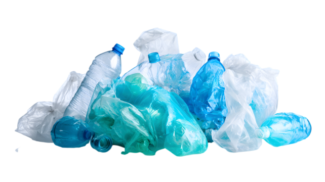 Plastic pollution pile depicting single use plastic bottles and bags illustrating environmental concerns and waste disposal isolated on white transparent