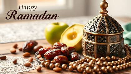 "Blessed Ramadan greeting card with a table of dates, mixed nuts, and a beautiful Islamic rosary", realistic. isolated with white highlights