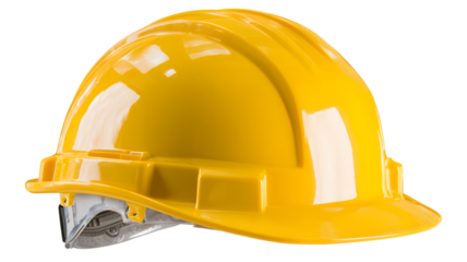 Professional yellow construction hard hat isolated on a dark background representing worker safety and protection against workplace hazards. isolated on white transparent