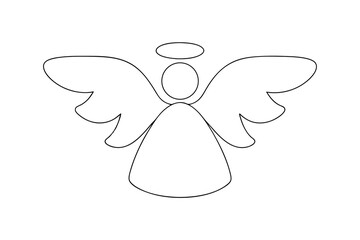 Simple line drawing of an angel with wings and halo