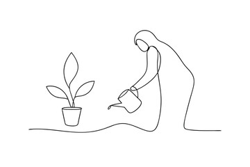 Woman watering a potted plant single line drawing minimalist art