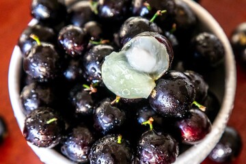 Beautiful and juicy ripe jabuticaba fruits in fine detail
