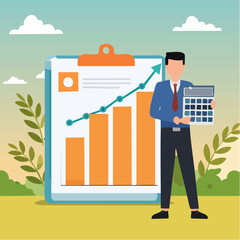 Calculate revenue growth, growing income or investment earning, tax, accounting or profit calculation, financial evaluation concept, businessman with calculator and growth chart diagram growing arro