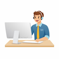 Support staff help fixing technical problem, help desk or operator with phone call or chat to assist customer concept, helpful man with headset talking with customer help solve computer proble