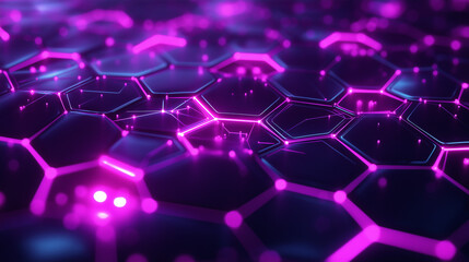 An abstract neural network illustration with glowing pink hexagons connected by thin lines, symbolizing artificial intelligence and complex digital connections