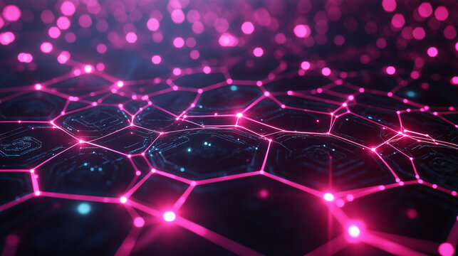 An abstract neural network illustration with glowing pink hexagons connected by thin lines, symbolizing artificial intelligence and complex digital connections