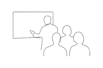 Simple line drawing of a presenter and audience