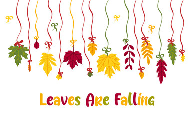 Leaves hanging down on a ribbon, different trees like oak, maple, chestnut, ash and birch. Simple set of falling autumn leaves - perfect for templates, banners. "Leaves are falling". 