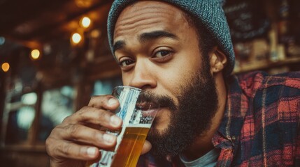 Young man with beanie sipping lager beer outdoors, enjoying sunny terrace view