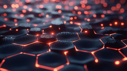 An abstract neural network illustration with glowing red hexagons connected by thin lines, symbolizing artificial intelligence and complex digital connections