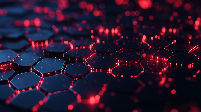 An abstract neural network illustration with glowing red hexagons connected by thin lines, symbolizing artificial intelligence and complex digital connections