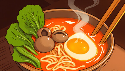 Hearty ramen noodle soup topped with soft-boiled eggs, earthy mushrooms, and crisp pak choi bathed in warm orange light. isolated with white highlights