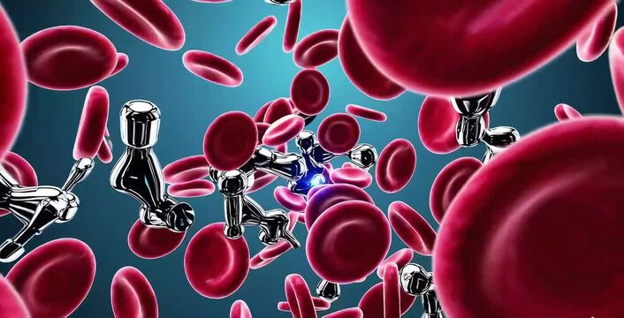Macro photoreal CGI: billions of red blood cells drifting; swarm of chrome nanorobots emitting faint blue diagnostic beams, manoeuvring between cells