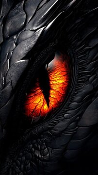 Dragon eye close-up: fiery slit pupil within scaled armor, radiating ancient power and primal fury. Looping video.