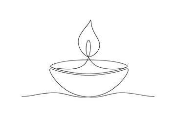 Single line drawing of a lit diya oil lamp