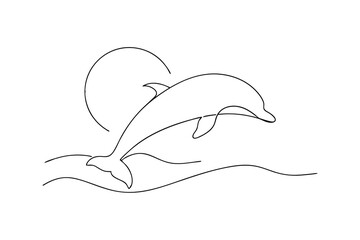 Single line drawing dolphin leaping ocean waves sun