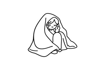 Girl wrapped in blanket cozy cute illustration line art