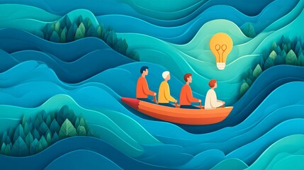 Business team rowing giant pencil across data waves toward a glowing idea bulb island creative campaign planning concept