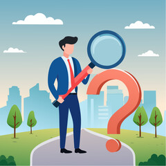 Observation or examination, curiosity to discover secret, search or analyze information, investigate or research concept, curious businessman holding magnifying glass observe data with question mar