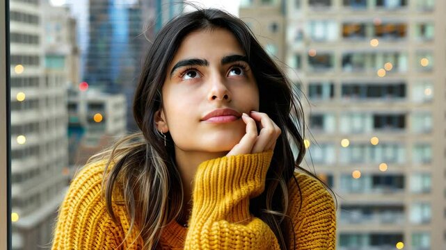 Serene Contemplation: A captivating woman gazes upward, lost in thought, framed by a cityscape backdrop, creating a portrait of introspection and urban life.