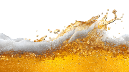 Refreshing golden beer splashing with bubbly foam and drops against a isolated on white transparent background representing celebration and enjoyment