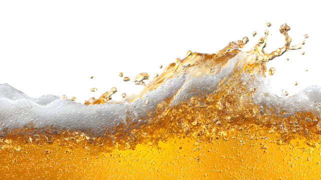 Refreshing golden beer splashing with bubbly foam and drops against a isolated on white transparent background representing celebration and enjoyment