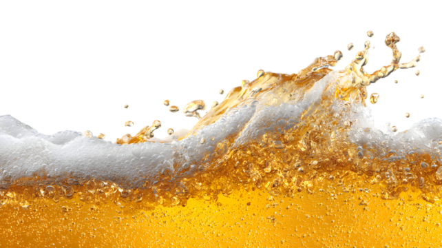 Refreshing golden beer splashing with bubbly foam and drops against a isolated on white transparent background representing celebration and enjoyment