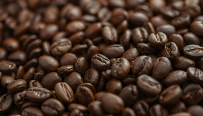 Extreme close-up of freshly roasted coffee beans in the foreground. isolated with white highlights