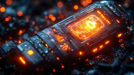 Futuristic glowing tech device resting on dark debris