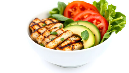 Juicy grilled chicken with crisp tomato, creamy avocado, leafy lettuce, and vibrant spinach salad. Nutritious detox meal, keto-friendly Buddha bowl on a clean white backdrop., mindfulness theme. iso