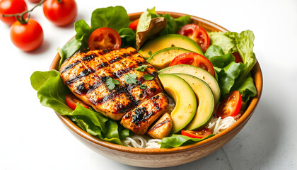 Juicy grilled chicken with a crisp vegetable medley of ripe tomatoes, creamy avocado, leafy lettuce, and tender spinach. Wholesome detox meal. Keto-friendly nourishing Buddha bowl on clean white bac