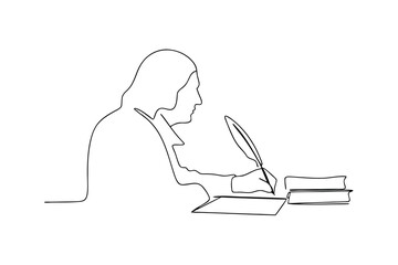 Person writing with quill pen on paper books minimalist line art