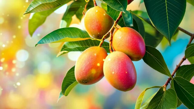 Golden Mangoes: Sun-kissed mangoes ripen on a vibrant tree, a testament to nature's bounty, with lush green leaves catching the sunlight. a vibrant display of color and freshness