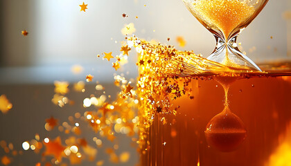 Hourglass mid-pour, amber liquid, stars erupting. Glimmering, ethereal, & dynamic