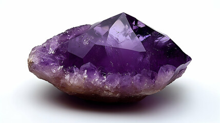 A close-up shows a dark purple amethyst crystal cluster against a white background, sharp angles, and raw texture